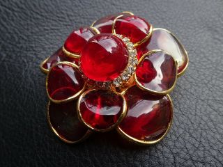 Chris Crouch Pate De Verre - Poured Glass Red Floral Brooch Pin Signed Moans