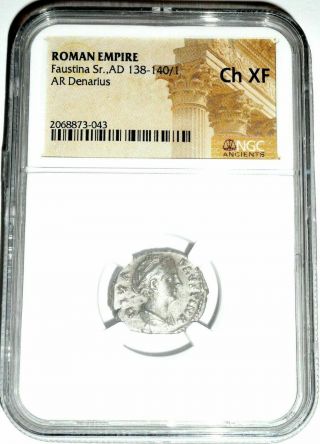 Ancient Roman Silver Faustina The Elder Denarius Coin,  Ngc Certified Ch Xf