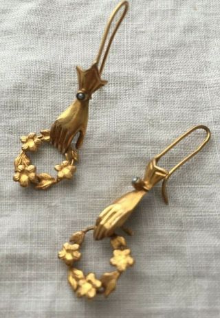 Antique 14k Gold Georgian Mourning Earings Hand With Wreath & Pearls