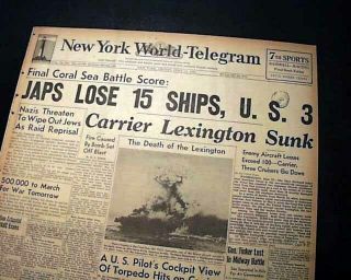 Uss Lexington Aircraft Carrier Coral Sea Disaster In 1942 World War Ii Newspaper