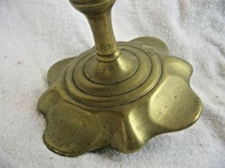 18th Century Antique Brass Queen Anne Candlestick Petal Base & Seamed Shaft