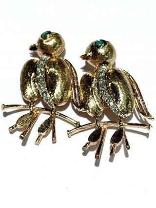 Estate Vintage 14k Yellow Gold Diamond & Emerald Love Bird Pin 3