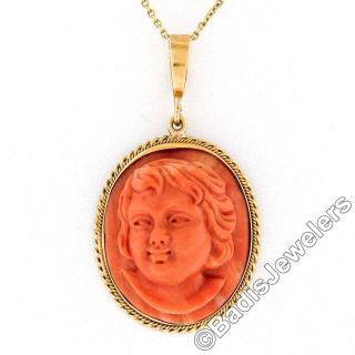 Vintage 18k Gold High Relief Carved Coral Cameo Pendant W/ Twisted Wire Frame