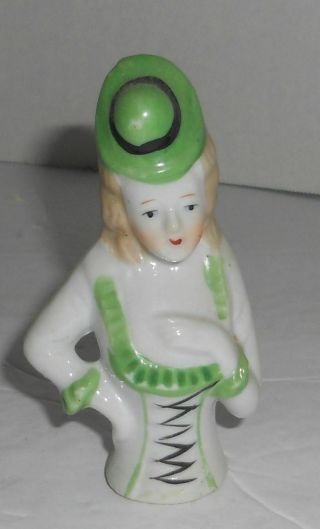 Vintage Porcelain Pin Cushion Half Brush Doll Half Body Green Hat