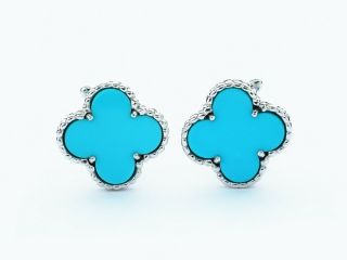 Van Cleef & Arpels Vintage Alhambra 18k White Gold Turquoise Earrings With Paper