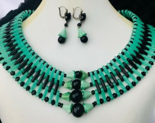 Impressive Art Deco Egyptian Revival Czech Glass Necklace & Earrings Set.