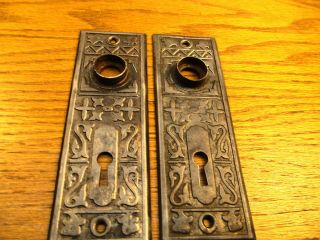 Pair Old Stamped Metal Door Plates.  Ornate Detail.