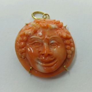 Vintage Natural Orange Coral Pendant Yellow Gold,  Figure Bacco,  Handmade