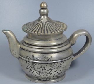 Old Collectable Exorcism Handwork Miao Silver Carve Temple Guanyin Boy Teapot