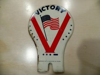 Vintage Ww 2 Victory License Plate Topper Metal Sign W Flag Mayer Mfg Chicago Il