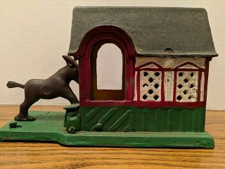 Vintage Mechanical Cast Iron Bank Donkey Mule Entering Barn