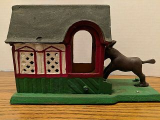 Vintage Mechanical Cast Iron Bank Donkey Mule Entering Barn 3