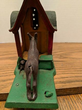 Vintage Mechanical Cast Iron Bank Donkey Mule Entering Barn 4