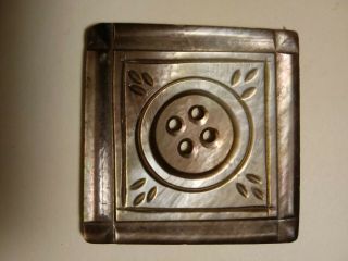 Antique Mop Carved Square Fancy Button 1.  5 Inches Pearl Shell Vintage Clothing