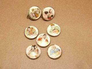7 Vtg Satsuma Hand Painted Porcelain Asian God Gods 5 Button,  2 Earrings Set 1 "