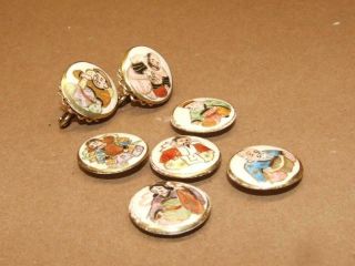 7 VTG Satsuma Hand Painted Porcelain Asian God Gods 5 Button,  2 Earrings Set 1 