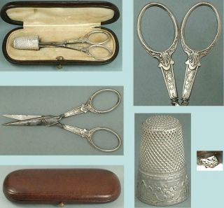 Antique Leather Cased Silver Sewing Set W/ Scissors & Thimble French C1890