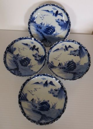 Four Antique Blue And White Chinese Scenic Plates Signed With Blue Mark