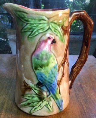 Antique French Majolica Parrot Barbotine Pitcher C.  Pre 1880 Orchies