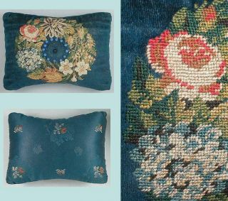 Antique Silk Petit Point On Velvet Pin Cushion English Circa 1880