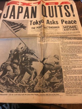 Ww Ii Newspaper Iwo Jima Flag Raising Japan Quits August 10,  1945