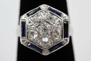 Huge Vintage Art Deco 6 Diamonds & 6 Sapphires 18k White Gold Flower Design Ring