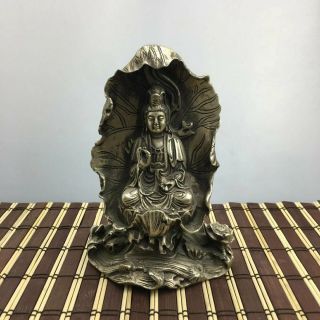 China Old Copper Plating Silver Lotus Leaf Kwan - Yin Guan Yin Goddess Statue E01