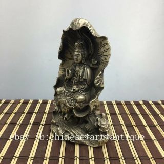 China Old copper plating silver Lotus Leaf Kwan - yin Guan Yin Goddess Statue e01 2