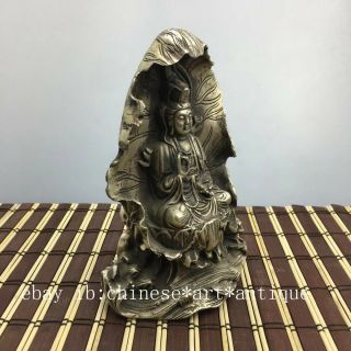 China Old copper plating silver Lotus Leaf Kwan - yin Guan Yin Goddess Statue e01 4