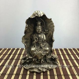 China Old copper plating silver Lotus Leaf Kwan - yin Guan Yin Goddess Statue e01 5