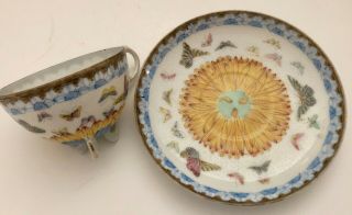Japanese Antique Porcelain Hand Painted Butterflies Cup And Saucer