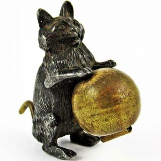 Antique Kitten Cat W/ball Figural Metal & Brass Wind - Up Sewing Tape Measure