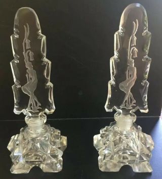 2 Vintage Cut Glass Perfume Bottles W/ Etched Art Stoppers Made Czech