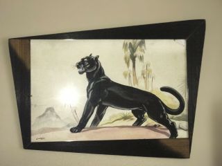 RARE Set Carlo of Hollywood Watercolor Paintings Panthers in Retro Angled Frames 11
