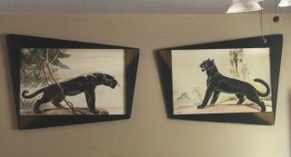 Rare Set Carlo Of Hollywood Watercolor Paintings Panthers In Retro Angled Frames