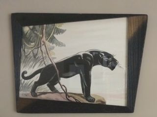 RARE Set Carlo of Hollywood Watercolor Paintings Panthers in Retro Angled Frames 2