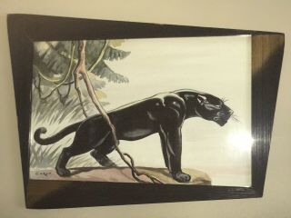 RARE Set Carlo of Hollywood Watercolor Paintings Panthers in Retro Angled Frames 4