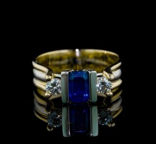 Effy Vintage 1.  15ctw Natural Sapphire Diamond 14k Two Tone Gold Three Stone Ring