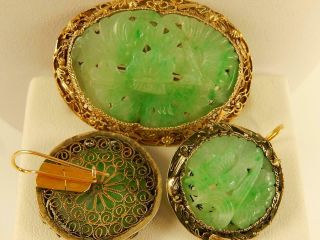 Early Chinese Carved Jade Lotus Pin Dangle Earrings Set Sterling 14k Pierced 18 "