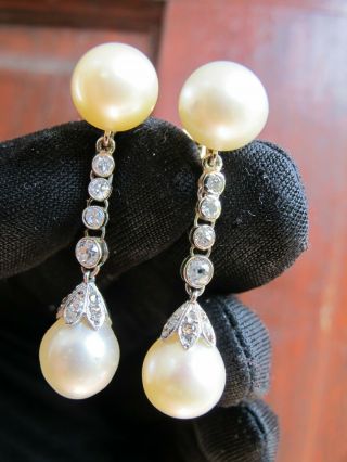 Antique 18ct Gold Platinum Old Cut Diamond Pearl Earrings
