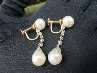antique 18ct gold platinum old cut diamond pearl earrings 2