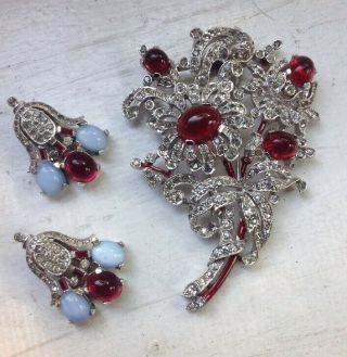 Rare Vintage Crown Trifari Ruby And Moonstone Cabochon Set By Alfred Philippe 3