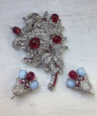 Rare Vintage Crown Trifari Ruby And Moonstone Cabochon Set By Alfred Philippe 4