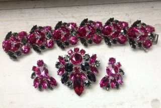 Chunky Schiaparelli Bracelet,  Pin & Earrings Set - Hot Pink And Smoke Huge Stones
