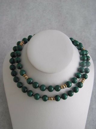 Vintage Malachite 1o Mm Beads And 14k Gold Knotted Necklace 34 " Beads