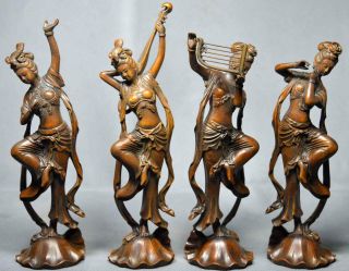 Handwork Art Old Antiques Asian Carve Four Girl Dance Souvenir Rare A Set Statue
