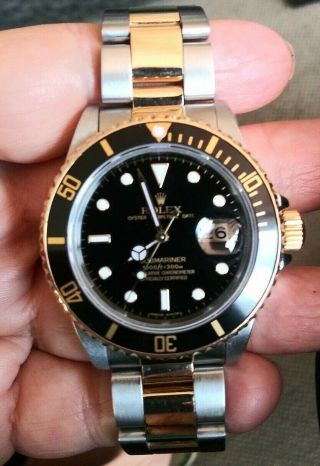 Rolex Submariner 18K Yellow Gold & Stainless Steel Watch Black Date Sub 16803 10