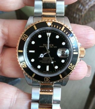 Rolex Submariner 18k Yellow Gold & Stainless Steel Watch Black Date Sub 16803