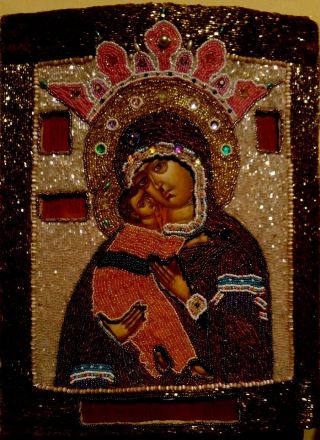 Antique Hand Painted Beaded Russian Icon Of Vladimirskaya Mother Of God