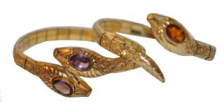 Rare Gorgeous Pair Vintage Art Deco Snake Bracelets Signed Amerikaner Gold Pltd